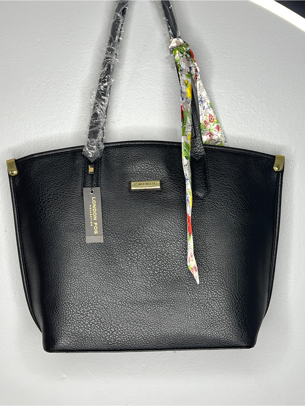 London Fog Black Pebbled Tote with Floral Scarf Accent